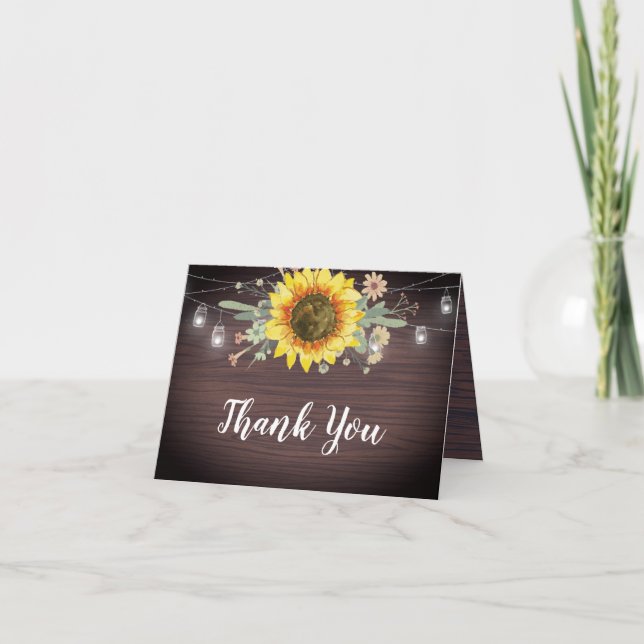 Rustic Sunflower Wood Jar Lights Wedding Thank You Card (Front)