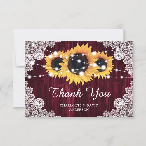 Rustic Sunflower Wood Lace Burgundy Wedding Thank You Card