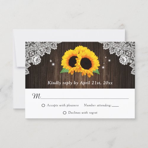 Rustic Sunflower Wood Lace Burlap Hearts Wedding RSVP Card
