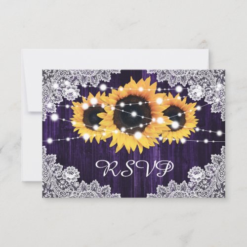 Rustic Sunflower Wood Lace Lights Purple Wedding RSVP Card