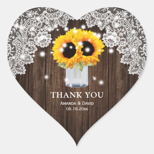 Rustic Sunflower Wood Lace Mason Jar Wedding Heart Sticker