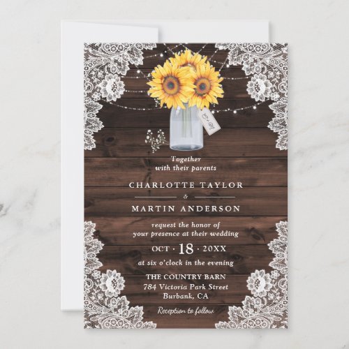 Rustic Sunflower Wood Lace Mason Jar Wedding Invitation