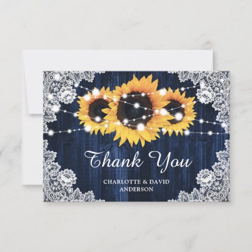 Rustic Sunflower Wood Lace Navy Blue Wedding Thank You Card