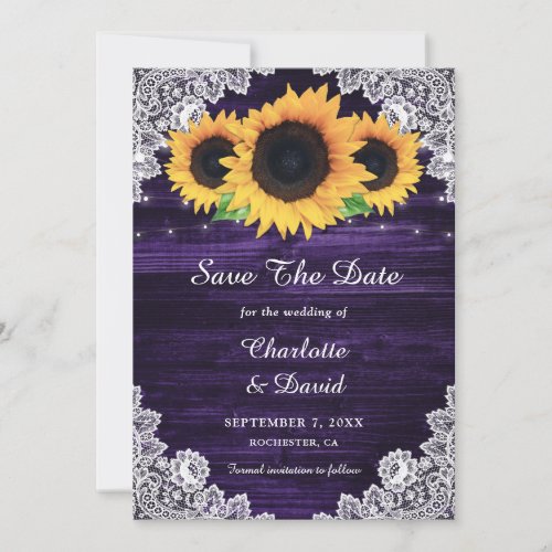 Rustic Sunflower Wood Lace Purple Wedding Save The Date