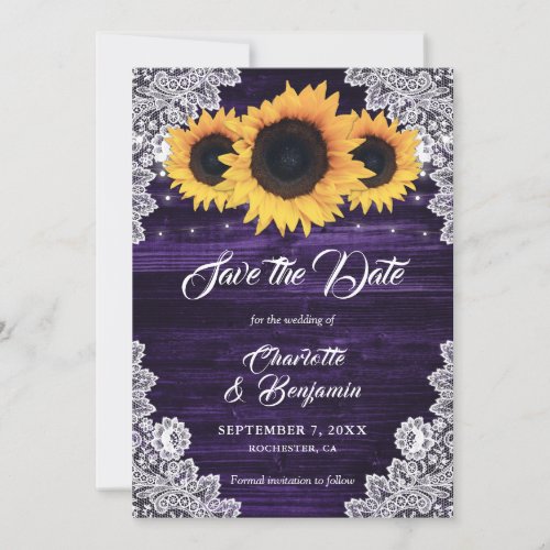 Rustic Sunflower Wood Lace Purple Wedding Save The Date