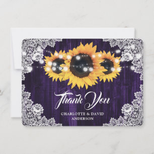 Rustic Sunflower Wood Lace Purple Wedding Thank You Card
