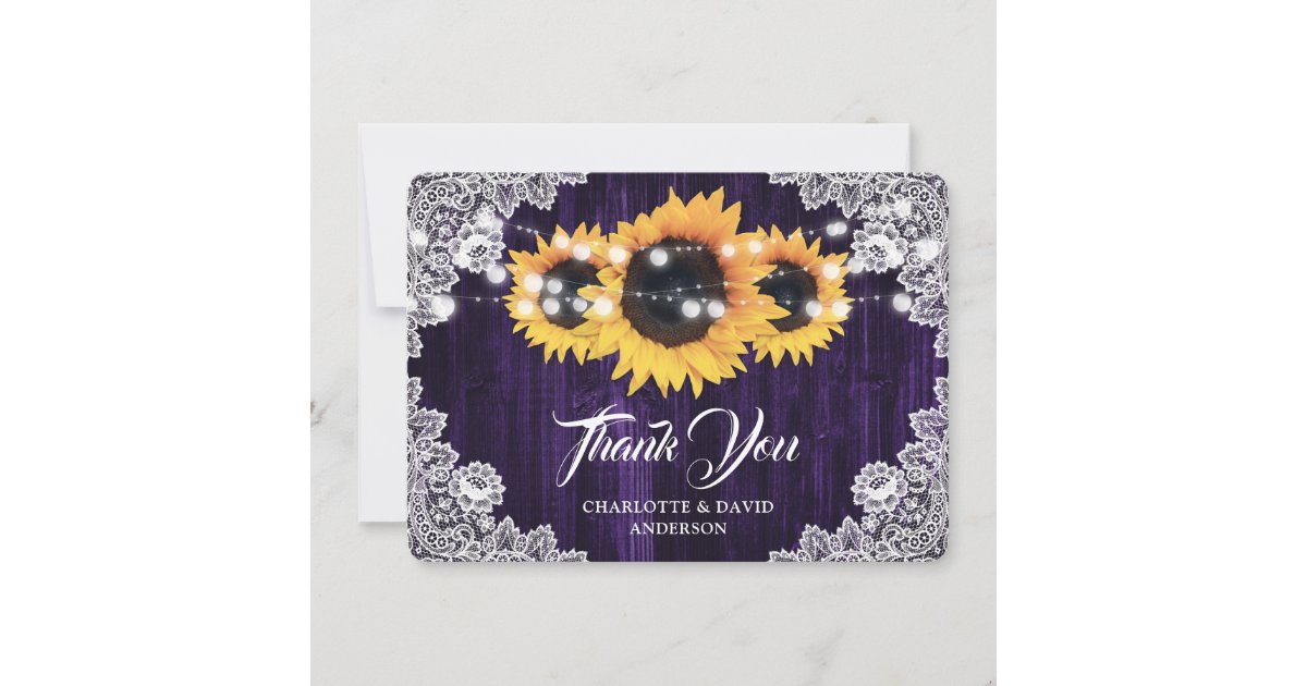 Rustic Sunflower Wood Lace Purple Wedding Thank You Card | Zazzle