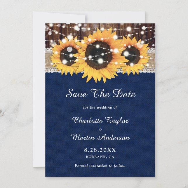 Rustic Sunflower Wood Lace String Lights Navy Blue Save The Date (Front)