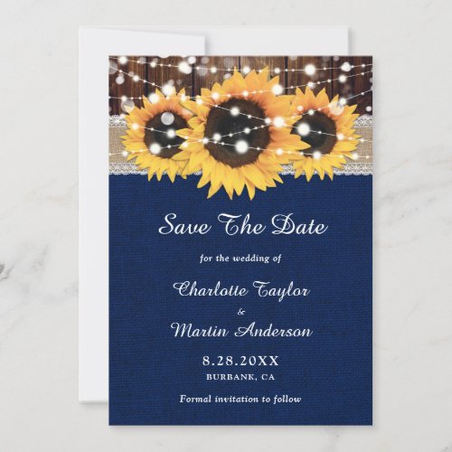 Rustic Sunflower Wood Lace String Lights Navy Blue Save The Date
