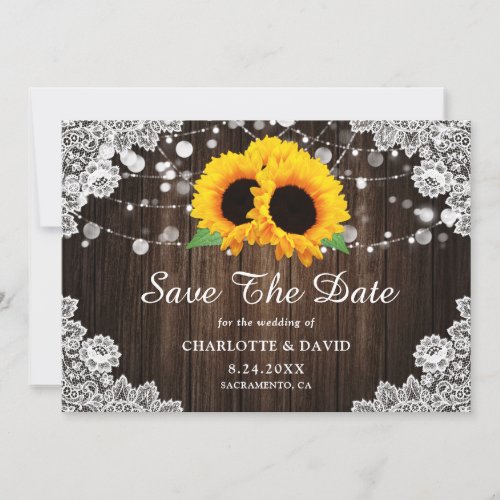 Rustic Sunflower Wood Lace String Lights Wedding Save The Date