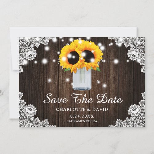 Rustic Sunflower Wood Lace String Lights Wedding Save The Date