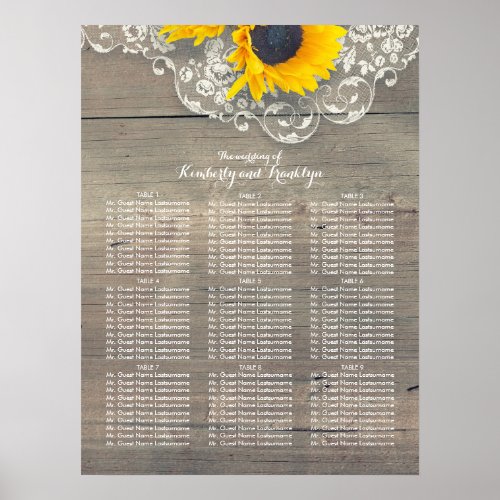 Rustic Sunflower Wood Lace Wedding Seating Chart