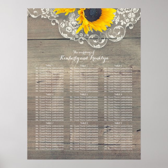 Rustic Sunflower Wood Lace Wedding Seating Chart (Front)
