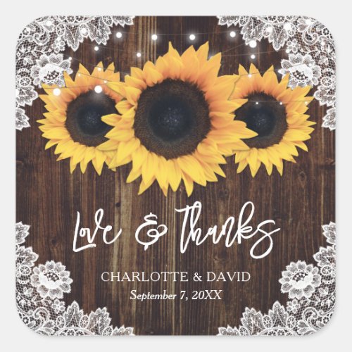 Rustic Sunflower Wood Lace Wedding Thank You Square Sticker