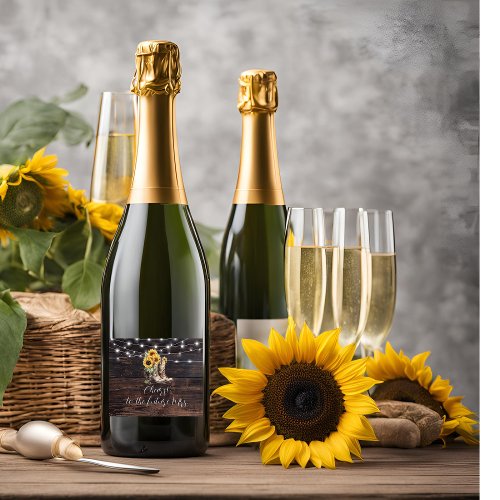 Rustic Sunflower Wood Lights Cheers  Sparkling Wine Label