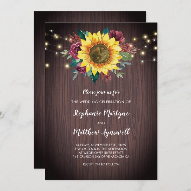 Rustic Sunflower Wood Lights Floral Wedding Invitation | Zazzle