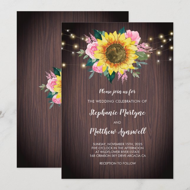 Rustic Sunflower Wood Lights Pink Floral Wedding Invitation (Front/Back)