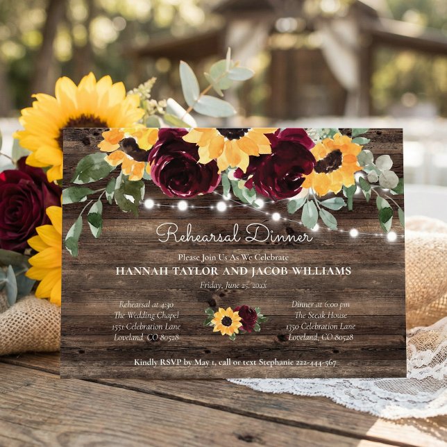 Rustic Sunflower Wood Lights Rehearsal Dinner Invitation (Creator Uploaded)