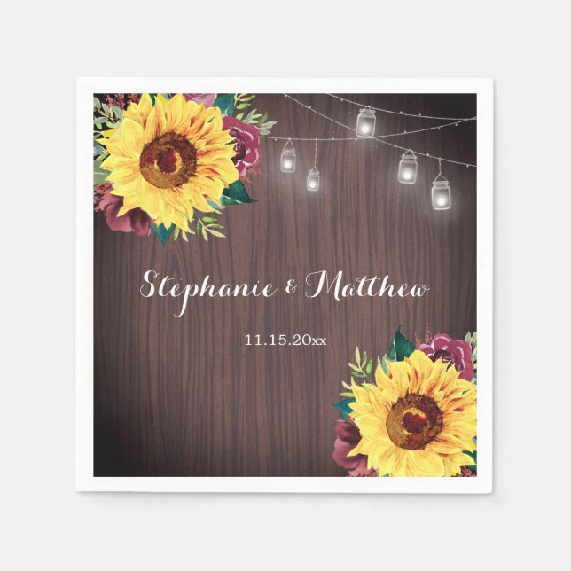 Rustic Sunflower Wood Mason Jar Lights Wedding Napkins (Front)