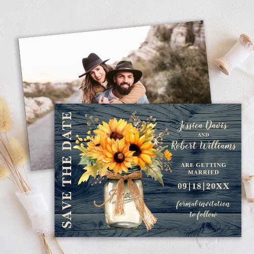 Rustic Sunflower Wood Mason Jar Save The Date Card