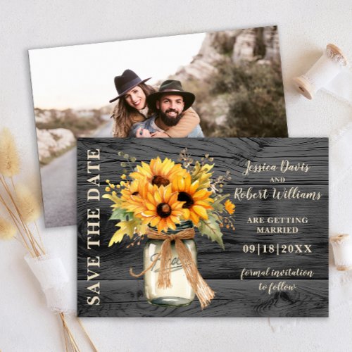 Rustic Sunflower Wood Mason Jar Save The Date Card