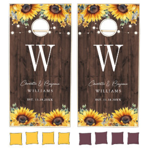 Rustic Sunflower Wood Monogram Wedding Cornhole Set