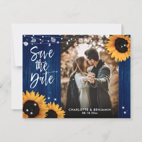 Rustic Sunflower Wood Navy Blue Wedding Photo Save The Date