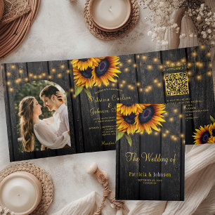 Rustic sunflower wood photo QR RSVP wedding Tri-Fold Invitation