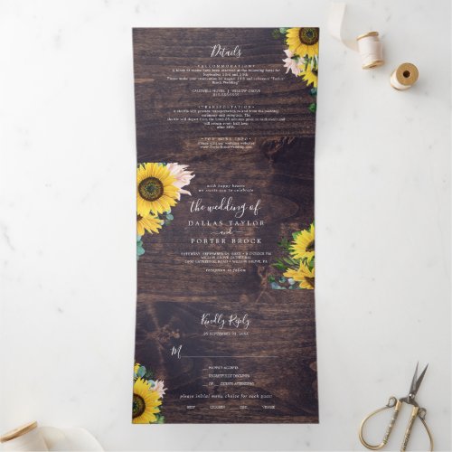 Rustic Sunflower  Wood Photo Wedding All In One Tri_Fold Invitation