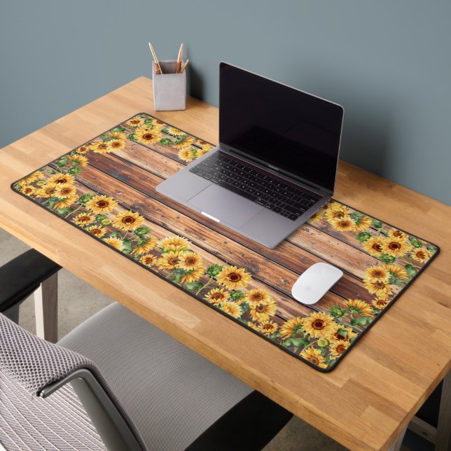 Rustic Sunflower Wood Plank Desk Mat (Office 2)