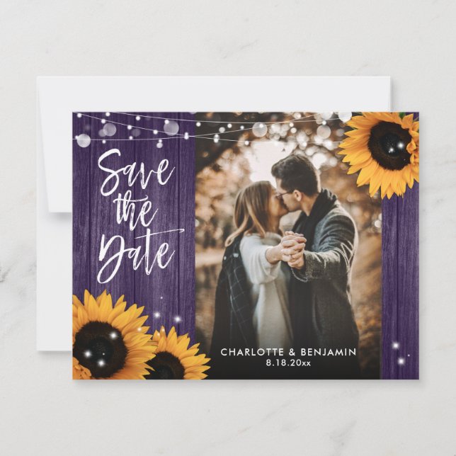 Rustic Sunflower Wood Purple Wedding Photo Save The Date (Front)