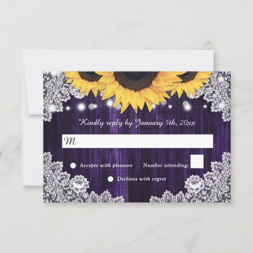 Rustic Sunflower Wood Purple Wedding RSVP Card