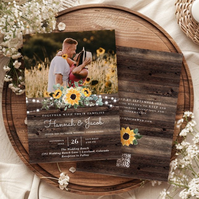 Rustic Sunflower Wood QR Code RSVP Wedding Invitation (Creator Uploaded)