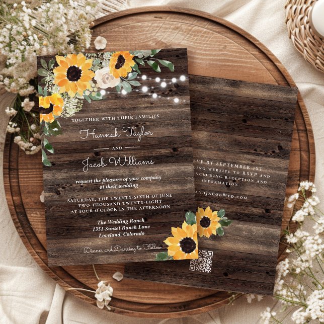Rustic Sunflower Wood QR Code RSVP Wedding Invitation (Creator Uploaded)