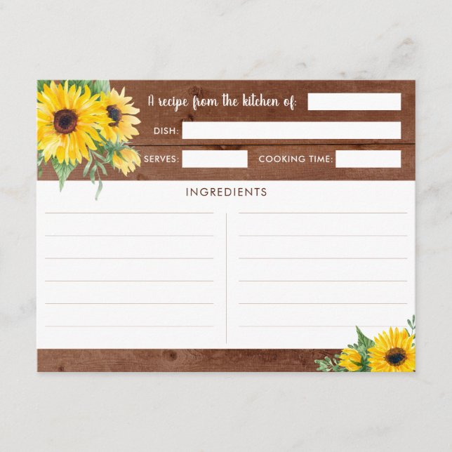Rustic Sunflower Wood Recipe Cards (Front)