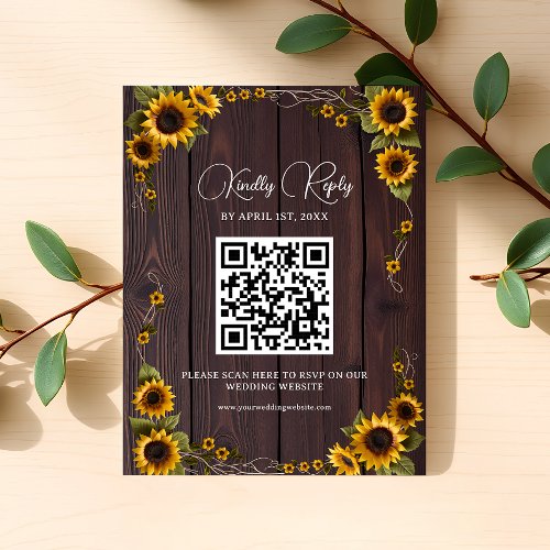 Rustic Sunflower Wood Script Wedding QR Code RSVP Card