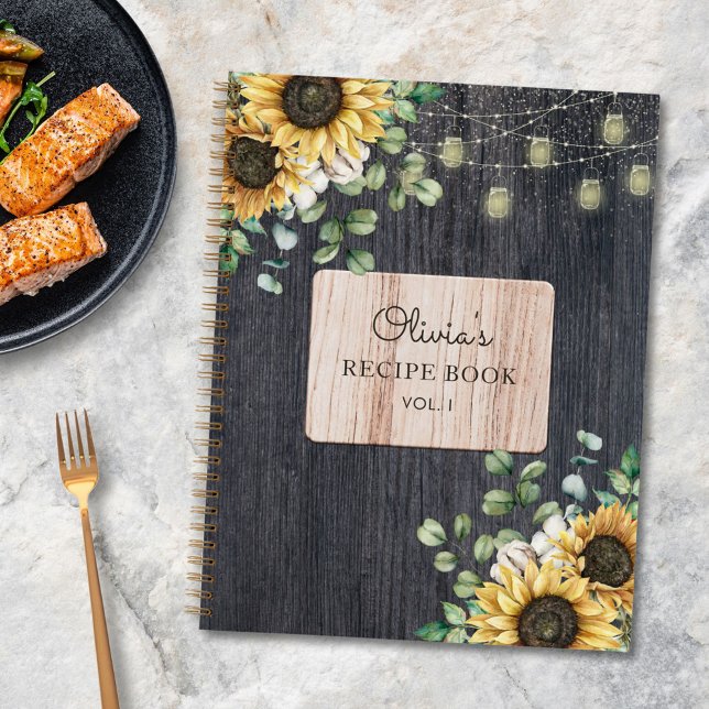 Rustic Sunflower Wood String Light Recipe Book (In situ on kitchen table)