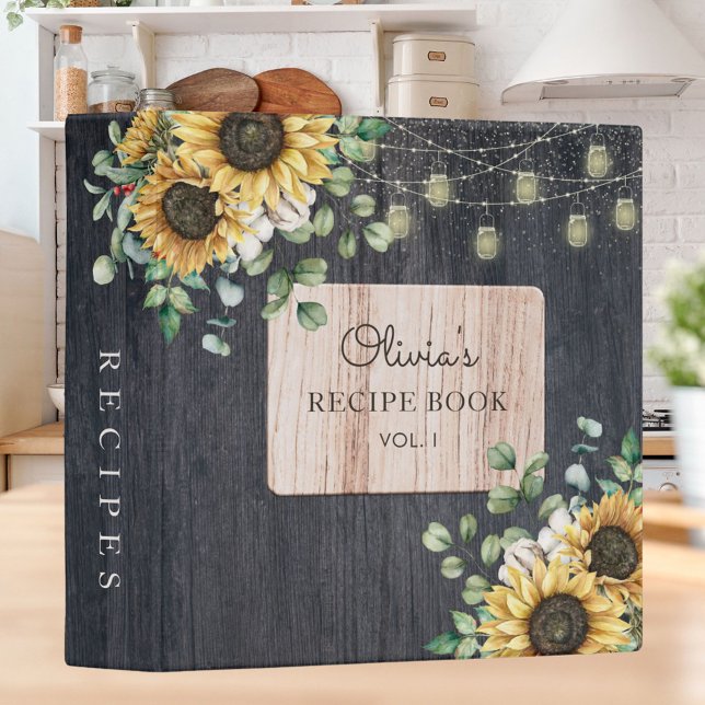 Rustic Sunflower Wood String Light Recipe Cookbook 3 Ring Binder (In situ on kitchen table)