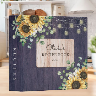 Rustic Sunflower Wood String Light Recipe Cookbook 3 Ring Binder