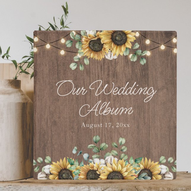 Rustic Sunflower Wood String Light Wedding Album 3 Ring Binder (In situ on table)