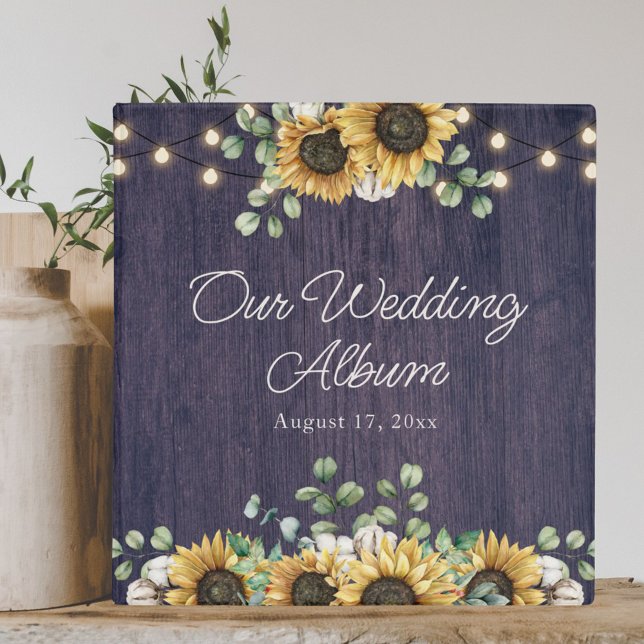 Rustic Sunflower Wood String Light Wedding Album 3 Ring Binder (In situ on table)