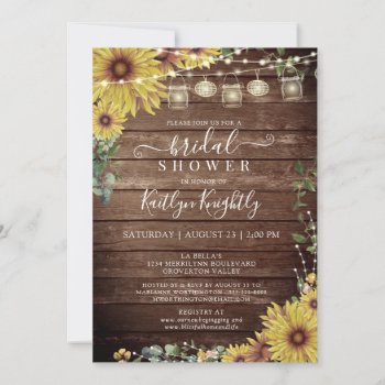 Rustic Sunflower Wood String Lights Bridal Shower Invitation by MakeItAboutYou at Zazzle