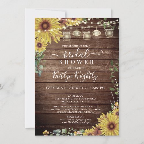 Rustic Sunflower Wood String Lights Bridal Shower Invitation