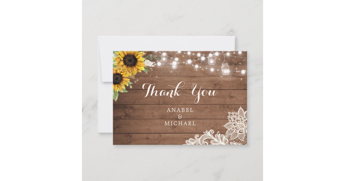Rustic Sunflower Wood String Lights Lace Mason Jar Thank You Card | Zazzle