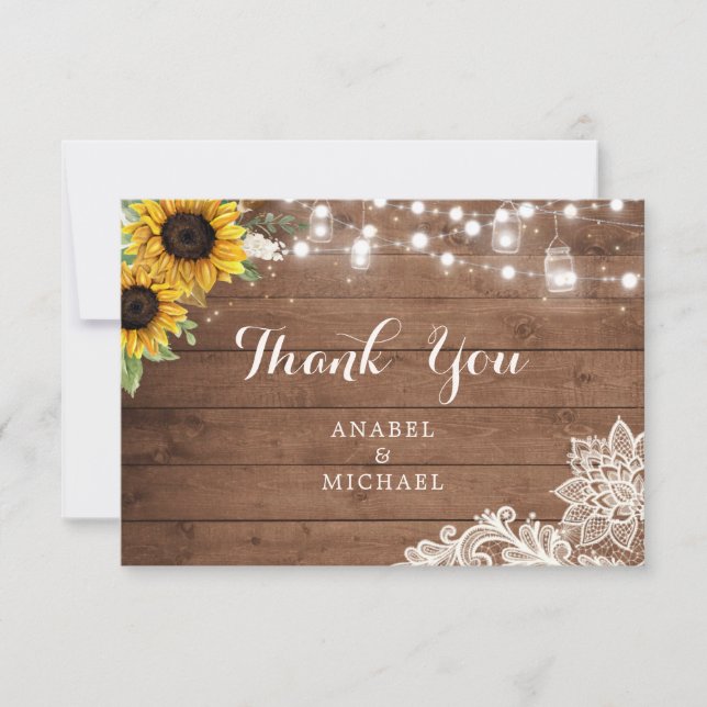 Rustic Sunflower Wood String Lights Lace Mason Jar Thank You Card (Front)