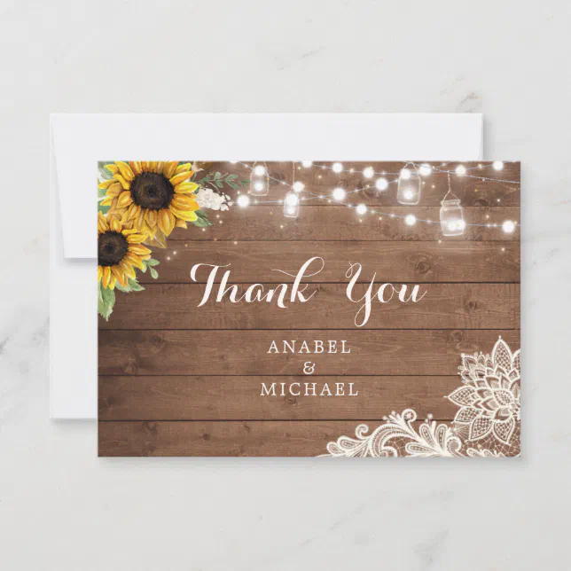 Rustic Sunflower Wood String Lights Lace Mason Jar Thank You Card | Zazzle