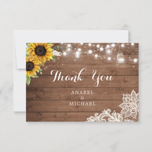 Rustic Sunflower Wood String Lights Lace Mason Jar Thank You Card