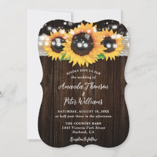 Rustic Sunflower Wood String Lights Wedding Invitation