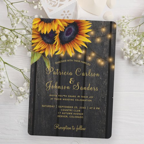 Rustic sunflower wood string lights wedding invitation