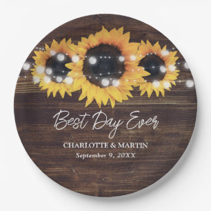 Rustic Sunflower Wood String Lights Wedding Paper Plates